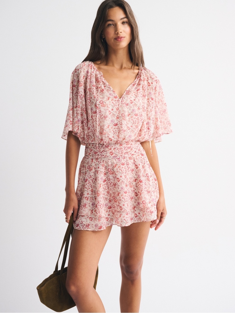 Abercrombie & Fitch Pink Floral V-Neck Mini Dress